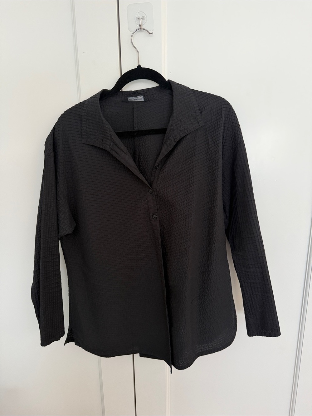 Black Textured Button-Up Women's Top